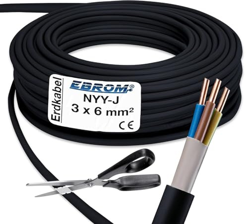 EBROM Cavo ad alta corrente NYY-J 3 x 6 mm² – Cavo di terra – NYY-J 3 x 6 mm² – nero – vendita al metro preciso: scelta in incrementi di 5 metri, a partire da 5 metri – 3 x 6 mm² – Lunghezza 6 metri