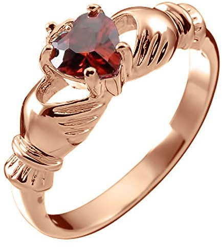 GWG Jewellery Anello Placcato in Oro Rosa 18K Claddagh con Cuore in Rosso Rubino, Mani e Corona - 8 in Confezione Regalo per Donne