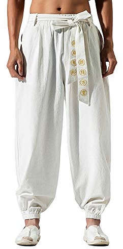 HAORUN Men Chinese Style Kung Fu Pants Tai Chi Loose Trousers Linen Casual Retro Wide Leg White