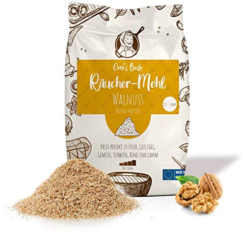 Omi's BESTE© Serrín para ahumar Ø 0,3-1mm Nuez - Saco de Aprox. 650 g | Harina de Madera para ahumador y Barbacoa | Aromatizante Natural para un Fuerte Sabor a Humo - Virutas para asado