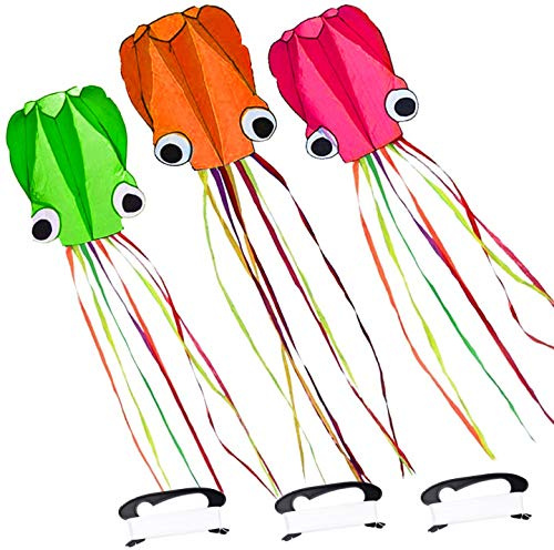 Easy to Fly Giant Octopus Rainbow Kite - 3 Pack, 100M Line, Beach Kite for Kids & Adults
