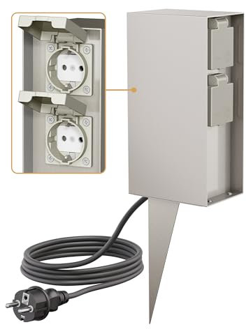 ledscom.de Columna de Enchufe para jardín POMI con Pica de Tierra y Cable de 2m para Exterior, IP44, cuádruple, Acero Inoxidable, Angular, 23cm