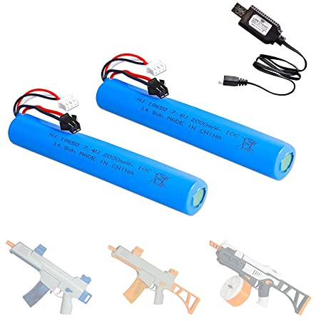 RunCam 7.4V 2000mAh Battery for Splatter Ball Gun Gel Bead Blaster Airsoft: 2 Pack Rechargeable Replacement Batteries with USB Charging Cable SM2P Plug Compatible with Splatrball SRB1200 400 400-SUB