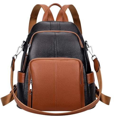 ALTOSY Echtleder Damen Rucksack Tasche Elegant Anti-Diebstahl Tagesrucksack Schultertasche (S81 Schwarz Braun)
