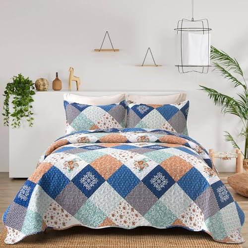 WONGS BEDDING Tagesdecke 240x260 Blau Patchwork Bettüberwurf Gesteppt Bedspreads Blumen Muster Steppdecke Mikrofaser kariertem Tagesdecke mit 2 Kissenbezug 50x75