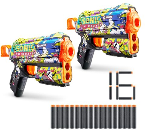 XSHOT Skins Flux - Sonic Hyper Spike X (2 Pack + 16 Darts) by ZURU, Easy Reload, Air Pocket Dart Technology, Toy Foam Dart Blaster for Kids, Teens, and Adults, Frustration Free Packaging