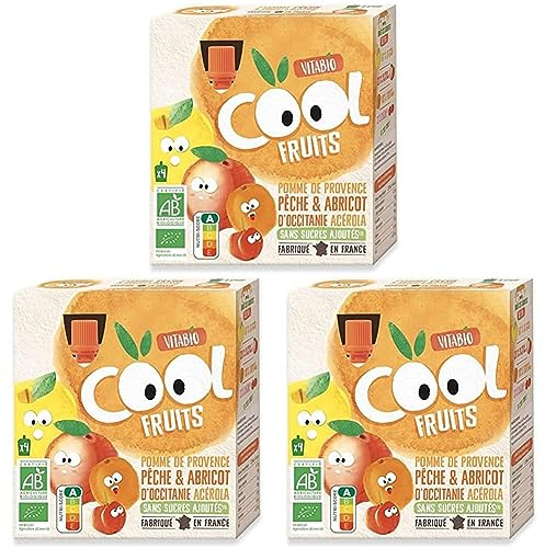 Vitabio Cool - Gourdes Fruits Pomme Pêche Abricot 4x90 g - Compote - BIO (Lot de 3)