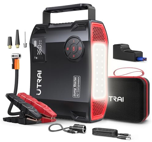 6000A Arrancador de Baterias de Coche con 150PSI Compresor de Aire/DC out 160W/18W Fast Charging/Linterna LED,UTRAI 12V Arrancador de Coches(para 8L de Diesel o Todo vehículo de Gasolina)
