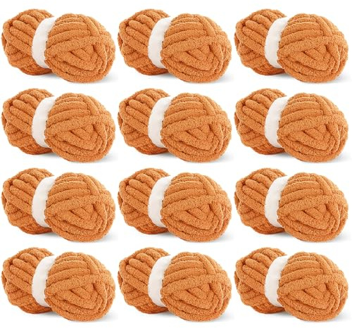 HOMBYS Orange Chunky Chenille Yarn for Crocheting, Bulky Thick Fluffy Yarn for Knitting,Super Bulky Chunky Yarn for Hand Knitting Blanket, Soft Plush Yarn, 12 Jumbo Pack (27 yds,8 oz Each Skein)