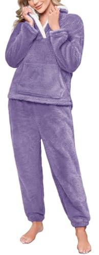 CMTOP Pigiama Donna Invernale Caldo Pigiama in Pile Due Pezzi Felpato Pigiama da Casa con Tasche e Pantalone Lungo da Notte Lounge Sleepwear Sets Morbido e Soffice