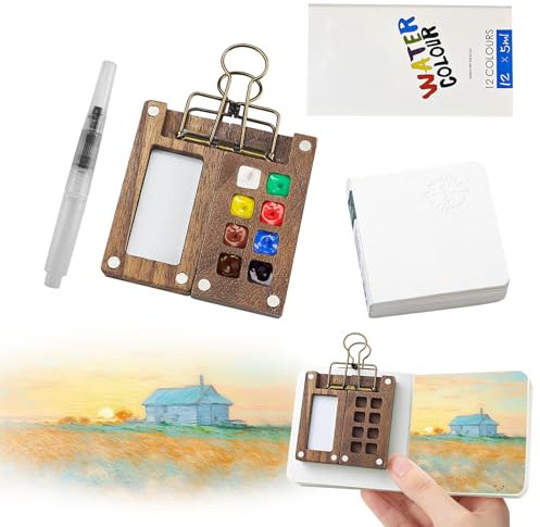 5 Pcs Portable Watercolor Palette - 8 Grids Travel Watercolour Paint Set, Portable Travel Painting Set, Lid Foldable Wooden Palette, Sketchbook Brush Watercolour for Painting Lovers
