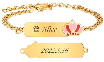 VNOX Pulseras Identificativas Niños Pulsera Personalizadas: Pulsera Infantil Chapada en Oro de 18K Grabado de Nombre y Número Regalos Comunion Niña Niño(Corona)