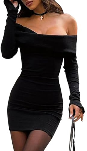Hanaoops Mini Robe Femme Manches Longues Sexy Épaules Dénudées Robes Bodycon Slim Fit Courte Wrap Robe de Soirée Casual Party Clubbing Nuit Dress