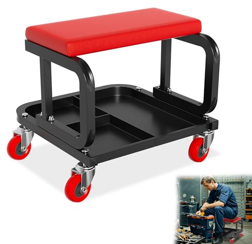 YRHome Werkstatthocker mit Rollen Arbeitshocker Werkstatt Rollsitz Rollhocker mit 36x18cm Weicher Sitzauflage, Ablage & 360° Rollen Werkstattsitz Werkstattstuhl für Werkstatt Garage 150KG