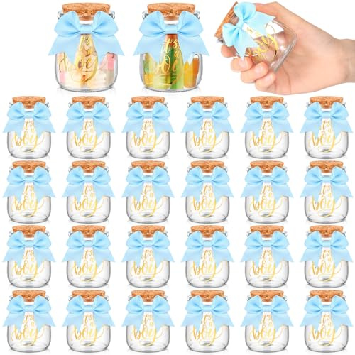 Funnymoom 24 Sets Baby Shower Bottles Favors for Guests Glass 100 ml Milk Jar with Ribbons and Stickers Decorations for Gender Reveal Newborn Centerpiece Party Favor (Blue,It's A Boy)