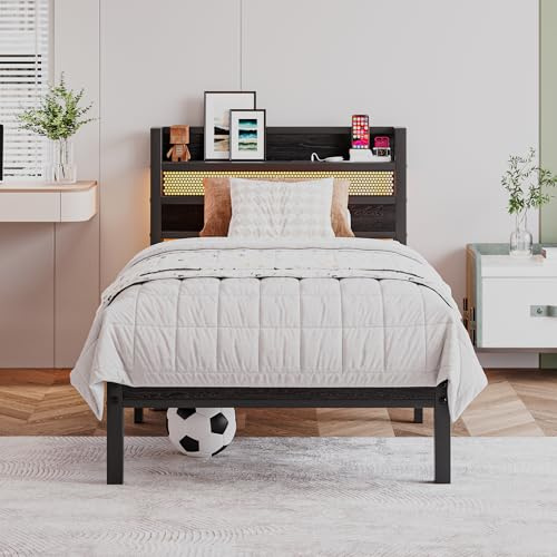 HAHRIR 3ft Single Metal Bed Frame with Storage Headboard, Charging Station & LED Lights, 90×190cm Heavy Duty Steel Slats Support, Black