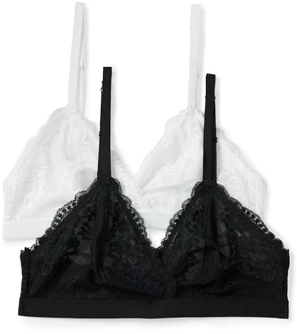 Amazon Essentials Bralette Triangular de Encaje Elástico con Detalles Mujer, Paquete de 2