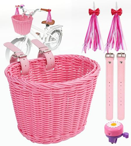 CARVMPIN Bike Basket Set for Kids - Kids Bike Set with Bell & Colorful Tassels | Bicycle Decorations for Boys & Girls | Includes 1 Basket + 1 Bell + 1 Pair Ribbons (Pink)