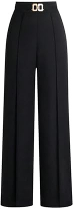 GORGLITTER Women's High Elastic Waist Work Trousers Metal Decor Straight Leg Work Office Business Dress Pants Black Large