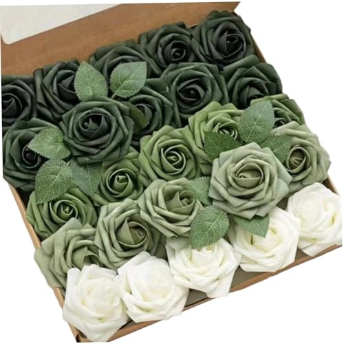 Peosaard Flores de Espuma, Rosas Verdes Artificiales, 25 Piezas de Espuma Realista Verde con Tallo, Rosas Artificiales para Ramos de Boda, centros de Mesa de Despedida de Soltera, Esmeralda