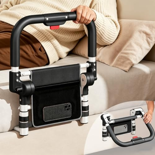 Foldable Bed Rails for Elderly Adults, Adjustable Height & Storage Pocket