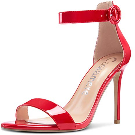 Castamere Escarpins Femme Bout Ouvert Sandales Bride Cheville Aiguille Talon 10CM Rouge Vernis Chaussures EU 42