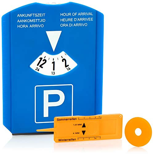 com-four® 1x Parkscheibe mit Eiskratzer, Gummilippe und Einkaufswagenchip und Reifenprofilmesser - Parkuhr aus Kunststoff (01 Stück - Parkscheibe mit Chip+Profilmesser)