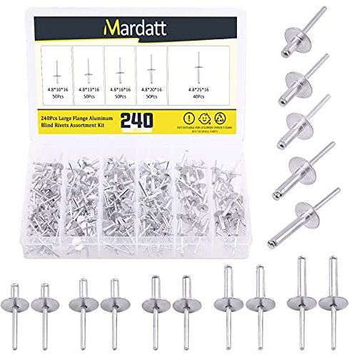Mardatt M-313 240 Pcs 5 Sizes All Aluminum Large Flange Blind Rivets Set, Round Dome Open Head Blinds Pop Rivets Assortment Kit with Storage Case for Joining Metal Plate Pipe Automotive
