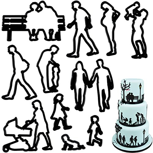 DonLeeving 11 Pcs Family Fondant Cutters Wedding/Music/Park Cookie Cutter Set for Anniversary/Bridal/Engagement Cake Decorating Sugarcraft Cutting Tool, Black