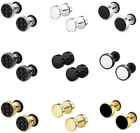 Bo Win 9 Paare Titan Edelstahl Männer Ohrstecker für Herren Damen, Ohrringe Herren Schwarz, Silber , Ohrstecker Kohlefaser Ohrringe Gold , Stecker Piercing Plug