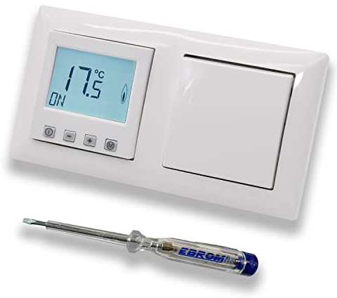 Halmburger Raumthermostat Raumtemperaturregler ERD-55rg DIGITAL in Busch Jäger Balance SI alpinweiß mit Lichtschalter 2000/6 US + EBROM Phasenprüfer zur Montage der Geräte ERD-55 (rg) Fußbodenheizung