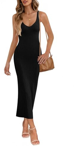 MEROKEETY Womens Summer Spring Midi Dress 2026 Beach Vacation Bodycon V Neck Casual Sleeveless Ribbed Knit Sweater Dresses,Black,L