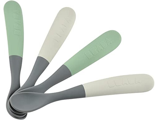 BÉABA, 4er Set Silikonlöffel für Babys/Kinder, Ab 4 Monaten, flexibel, abgerundete Spitze, langer und ergonomischer Griff, leicht zu greifen, mattes Silikon, keine Färbung, Salbei/Mineral