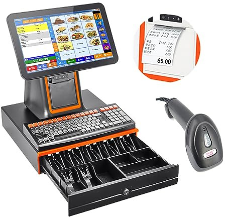 LSZMXI Caisse enregistreuse Intelligente avec imprimante Thermique, écran Tactile 15,6 Pouces, Clavier de 101 Touches, Terminal Point Vente Scanner Portable, Tiroir-caisse en Black-set