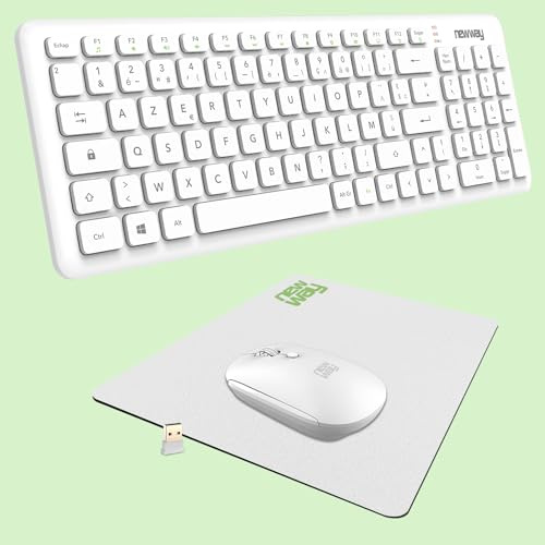 NEWWAY Paket RF01 trådlöst tangentbord med mus med matta - Franskt trådlöst tangentbord (AZERTY) 97 tangenter 13 mediegenvägar - 2,4 GHz WiFi-mus med 4 knappar kompakt - USB-mottagare - vit