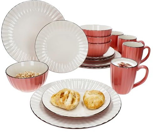 MÄSER OSITA Service de table combiné 16 pièces pour 4 personnes I Service de table en faïence rose et crème avec 4 tasses à café de 300 ml, bols de 450 ml, assiettes à dessert et assiettes plates I