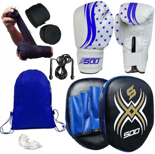 Kids & Youth Boxing Gloves and Focus Pads Set Children Hook & Jab Target Mitts Punching Sparring Training Gloves for Junior Hand Target MMA, Muay Thai, Kickboxing, Karate Set (Blue)