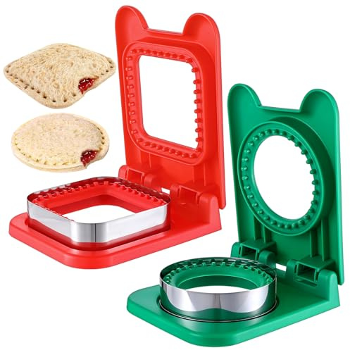 Molain 2 PCS Uncrustable Sandwich Maker, Sandwich Cutters for Kids Lunch, Circle and Square Shaped Crustless Sandwich Cutter and Sealer Lunchbox Accessories for Kids Breakfast (Red & Green)