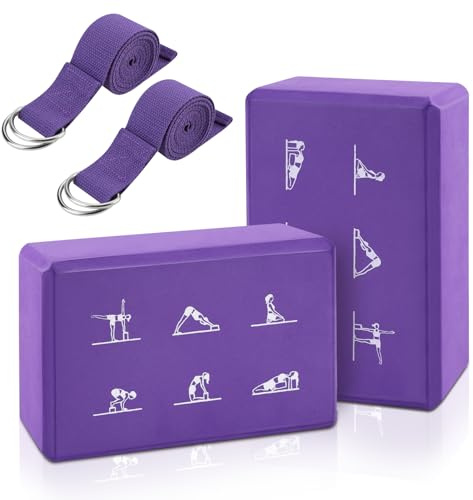 Juego de 2 bloques de yoga y correas de yoga, bloques de espuma EVA de alta densidad, bloques antideslizantes para yoga con correa de 6 pies, kit de bloques de yoga sin látex para mejorar la