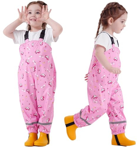 Fewlby Toddlers Waterproof Rain Bib Pants, Girls Rain Pants Kids Cartoon Rain Trousers Lightweight Mud Pants Rainwear