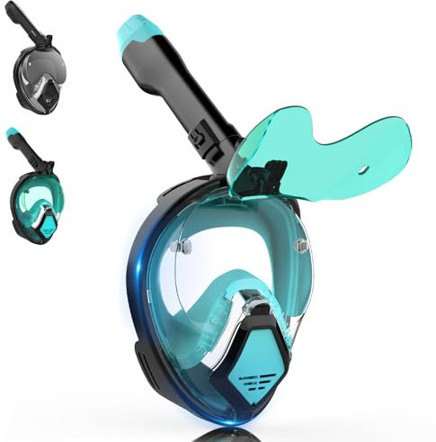 Schnorchelmaske für Erwachsene, Tauchmaske Erwachsene Mann mit Faltbarer Sonnenbrille, Vollmaske mit Kamera-Halterung, Vollgesichtsmaske 180° Sicht und Anti-Beschlag, Snorkel Mask Brillenträger