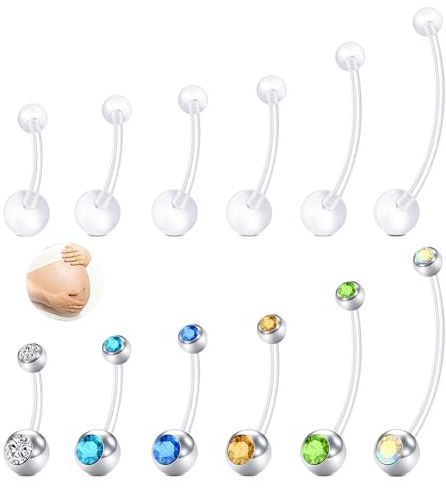 AVYRING 12 Piezas Barras para Piercing de Ombligo Embarazada 14G en Acero Quirúrgico y Plástico Flexible, Longitudes Ajustables 12mm-38mm, para Mujeres Embarazadas