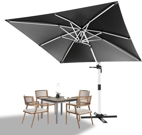 Devoko Sonnenschirm Balkon 300x300x260 cm Alu Ampelschirm mit Abdeckung, Wasserabweisend Gartenschirm mit Kurbel,Sonnenschutz UV50+,360°Rotation,Grau