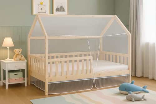 Letto Casetta, Zanzariera Integrale per Letto Bambino 90x190 cm - Attenzione solo Tetto a forma di tenda - Protezione Anti-Insetti - Discreta e Rimovibile