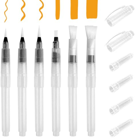 6 Pcs Watercolour Brush Pen Set with Refillable Reservoir, Water Brushes with Fine, Medium, Large Tips, Water Brush Pen for Watercolor Painting