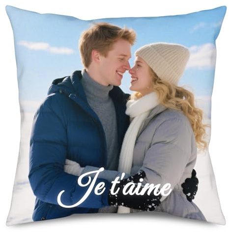 JONZIN Coussin Photo Personnalisé Double Face, Taie d'oreiller Personnalisable avec Texte Photo, Insert en Option, Cadeaux personnalisés pour Femme, Homme, Couple, Anniversaire