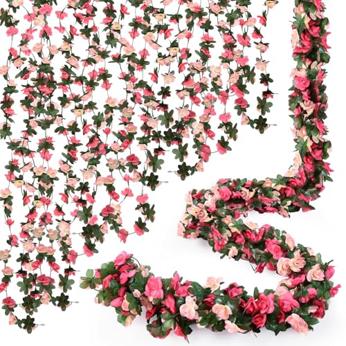 Sherika 9 Pcs 72FT Artificial Flower Garland, Fake Pink Roses Vines Hanging Silk Flowers for Decoration, Faux Floral Garland for Wedding Arch Backdrop Home Wall Bedroom Garden Centerpieces Decor