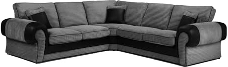 JSB Northwest - Berlin Mixed Fabric Sofa Range | Full Back Cushions | Made in UK - 12 Months Manufacturing Warranty - Luxury Living Room Furniture (Black and Grey, Corner)