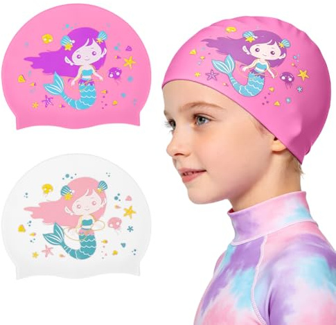 ABOHU 2 Pièces Bonnet de Bain Enfant 4-12 Ans - Bonnet Piscine en Silicone Imperméable, Bonnet Piscine Enfant avec Motifs Mignons pour Natation, Douche et Bain