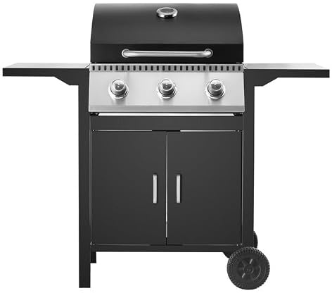 Barbacoa de gas 3 fuegos con tapa y termómetro integrado – Parrillas resistentes, ventilación lateral, mesas laterales plegables, estructura robusta – Barbacoa exterior
